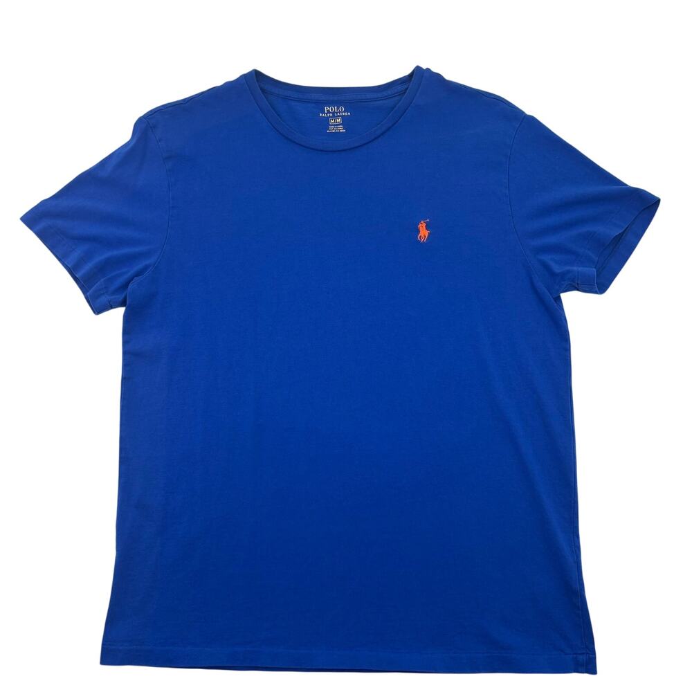 Polo Ralph Lauren T Shirt Cobalt Blue Cotton Crewneck Orange Logo Sz M